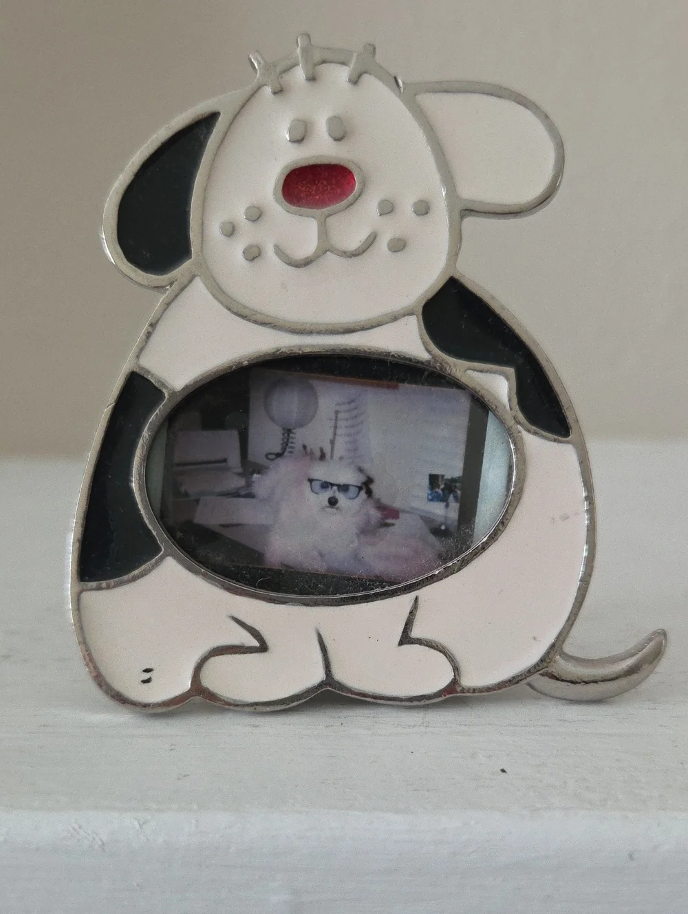 Cute Dog-Shaped Picture Frame — White & Black with Pink Nose
